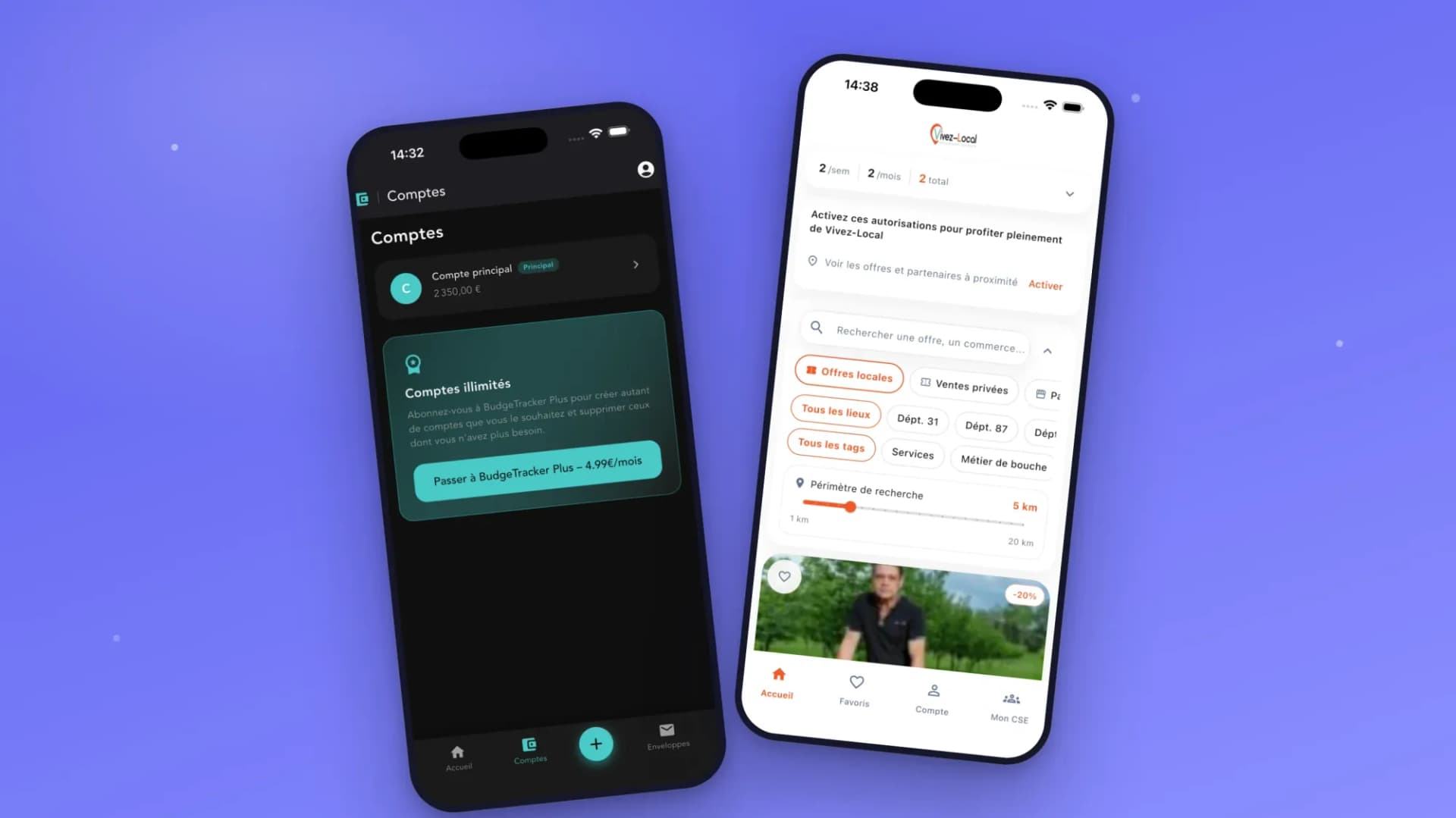 Deux applications mobiles affichées sur des smartphones